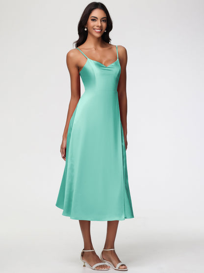 Spaghetti Straps Tea Length Back Zip Stretch Satin Bridesmaid Dress