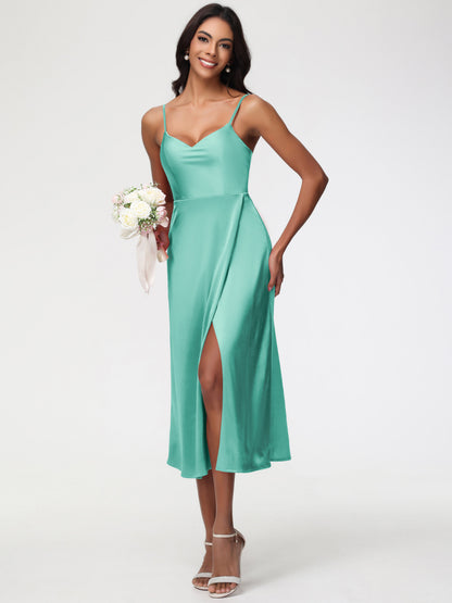 Spaghetti Straps Tea Length Back Zip Stretch Satin Bridesmaid Dress