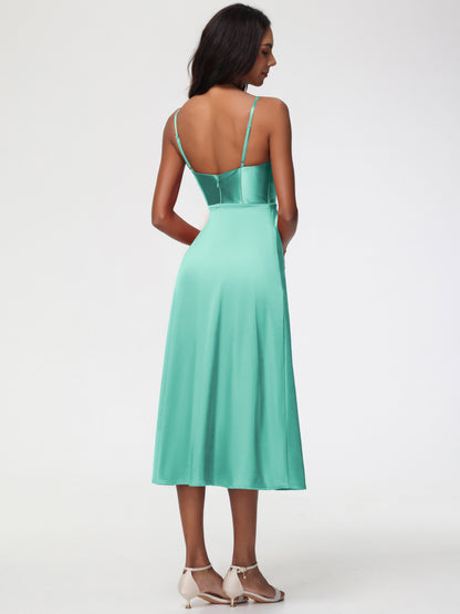 Spaghetti Straps Tea Length Back Zip Stretch Satin Bridesmaid Dress