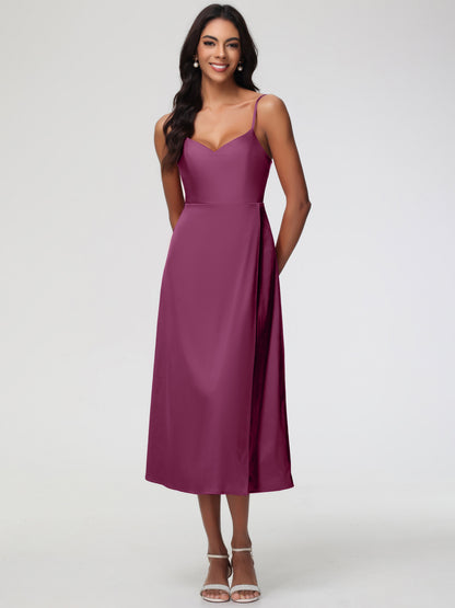 Spaghetti Straps Tea Length Back Zip Stretch Satin Bridesmaid Dress