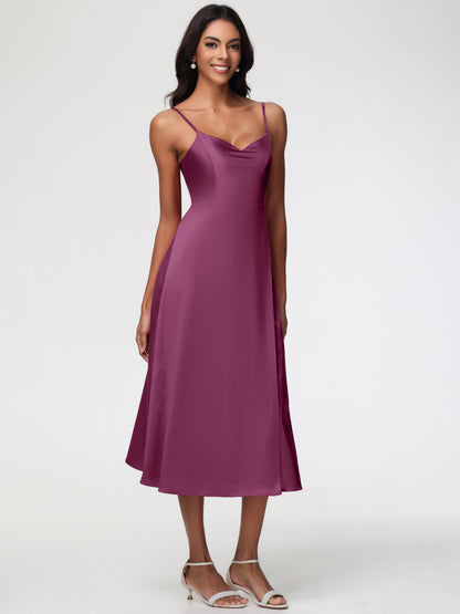 Spaghetti Straps Tea Length Back Zip Stretch Satin Bridesmaid Dress