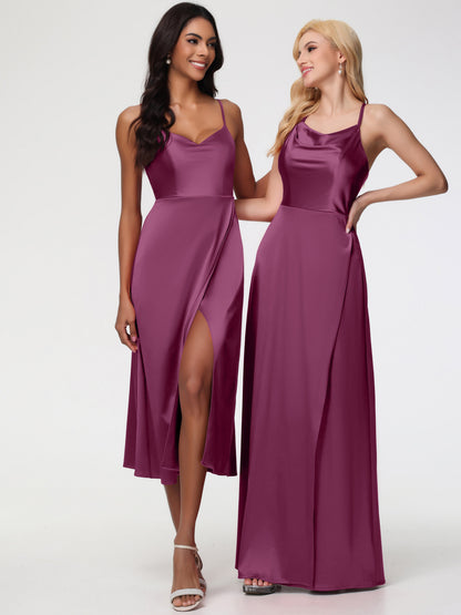 Spaghetti Straps Tea Length Back Zip Stretch Satin Bridesmaid Dress