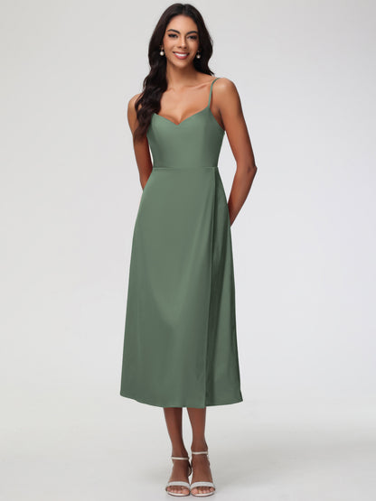Spaghetti Straps Tea Length Back Zip Stretch Satin Bridesmaid Dress