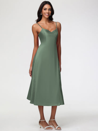 Spaghetti Straps Tea Length Back Zip Stretch Satin Bridesmaid Dress