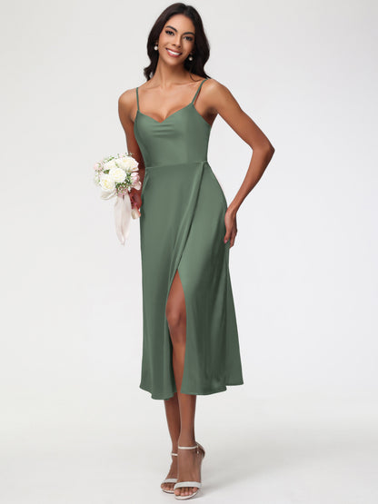 Spaghetti Straps Tea Length Back Zip Stretch Satin Bridesmaid Dress