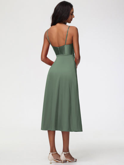 Spaghetti Straps Tea Length Back Zip Stretch Satin Bridesmaid Dress