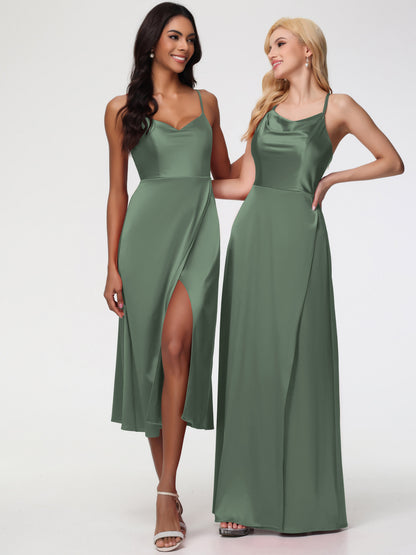 Spaghetti Straps Tea Length Back Zip Stretch Satin Bridesmaid Dress