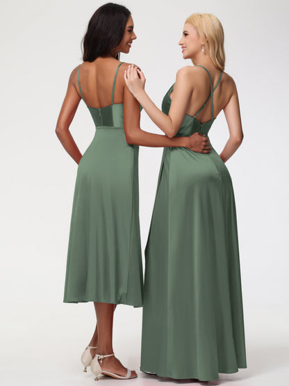Spaghetti Straps Tea Length Back Zip Stretch Satin Bridesmaid Dress
