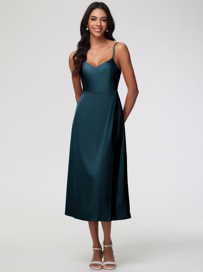 Spaghetti Straps Tea Length Back Zip Stretch Satin Bridesmaid Dress