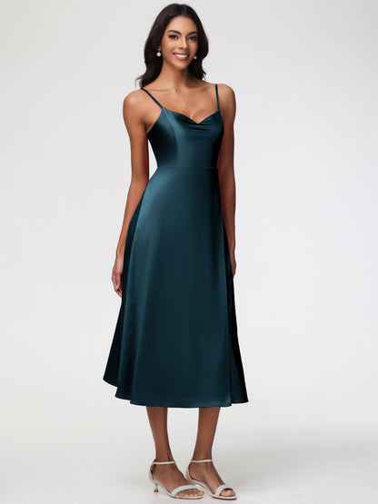 Spaghetti Straps Tea Length Back Zip Stretch Satin Bridesmaid Dress