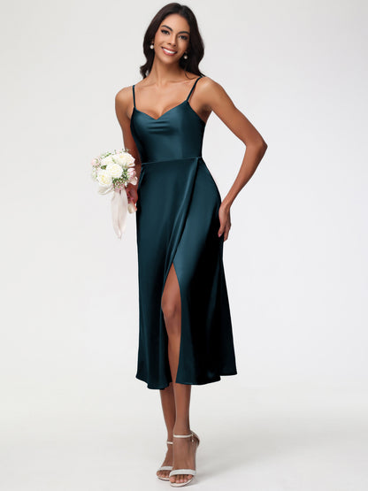 Spaghetti Straps Tea Length Back Zip Stretch Satin Bridesmaid Dress