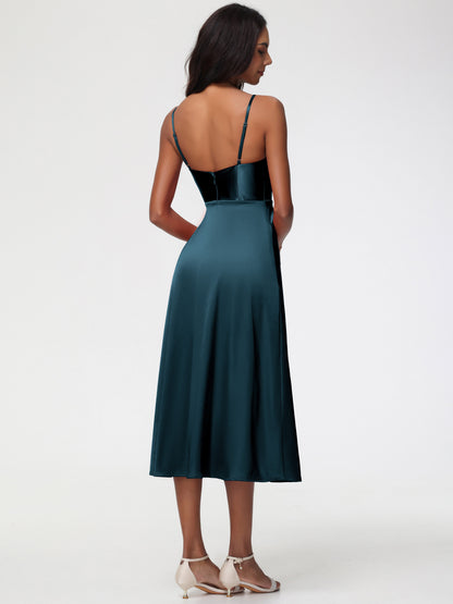 Spaghetti Straps Tea Length Back Zip Stretch Satin Bridesmaid Dress