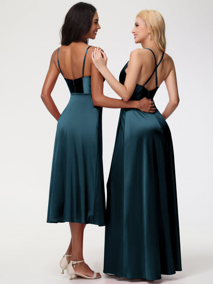Spaghetti Straps Tea Length Back Zip Stretch Satin Bridesmaid Dress