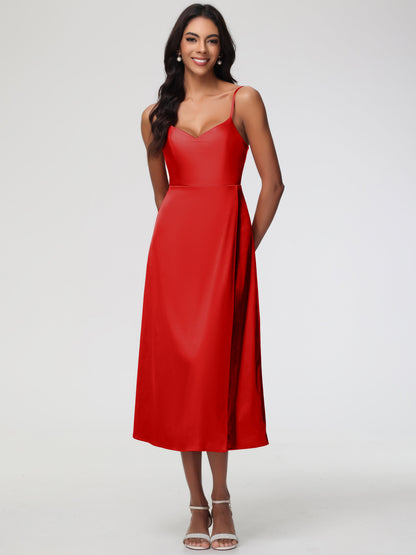 Spaghetti Straps Tea Length Back Zip Stretch Satin Bridesmaid Dress
