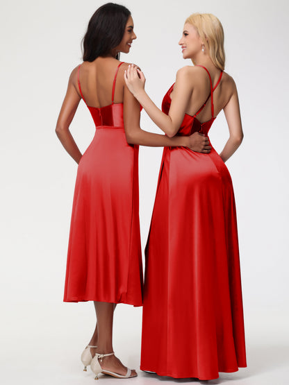 Spaghetti Straps Tea Length Back Zip Stretch Satin Bridesmaid Dress