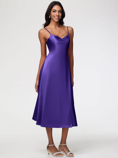 Spaghetti Straps Tea Length Back Zip Stretch Satin Bridesmaid Dress