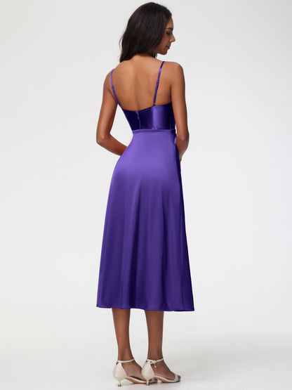 Spaghetti Straps Tea Length Back Zip Stretch Satin Bridesmaid Dress