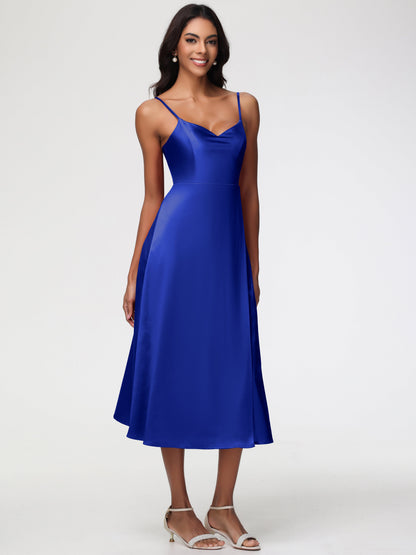 Spaghetti Straps Tea Length Back Zip Stretch Satin Bridesmaid Dress