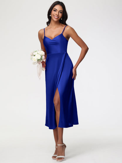 Spaghetti Straps Tea Length Back Zip Stretch Satin Bridesmaid Dress