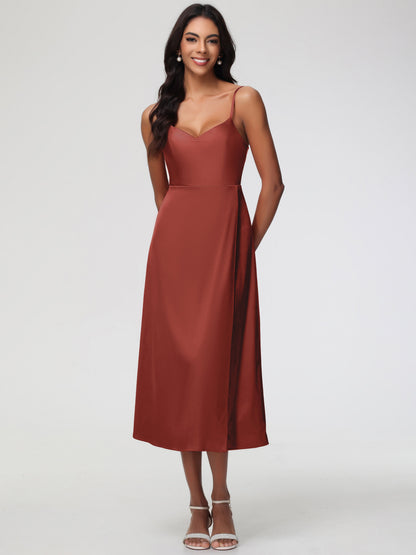 Spaghetti Straps Tea Length Back Zip Stretch Satin Bridesmaid Dress