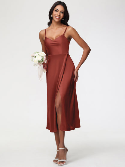 Spaghetti Straps Tea Length Back Zip Stretch Satin Bridesmaid Dress
