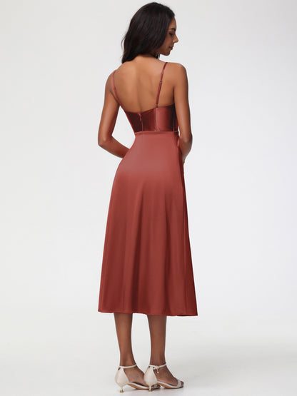 Spaghetti Straps Tea Length Back Zip Stretch Satin Bridesmaid Dress