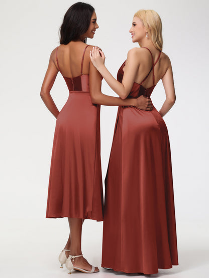 Spaghetti Straps Tea Length Back Zip Stretch Satin Bridesmaid Dress