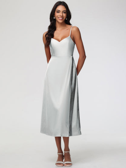 Spaghetti Straps Tea Length Back Zip Stretch Satin Bridesmaid Dress