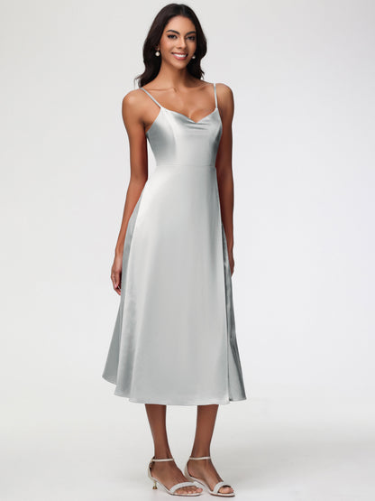 Spaghetti Straps Tea Length Back Zip Stretch Satin Bridesmaid Dress
