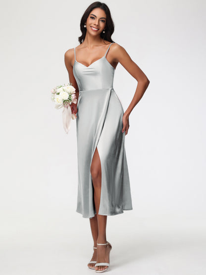 Spaghetti Straps Tea Length Back Zip Stretch Satin Bridesmaid Dress