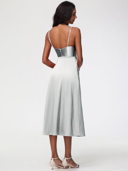 Spaghetti Straps Tea Length Back Zip Stretch Satin Bridesmaid Dress