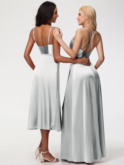 Spaghetti Straps Tea Length Back Zip Stretch Satin Bridesmaid Dress