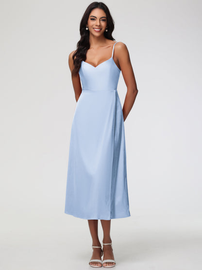 Spaghetti Straps Tea Length Back Zip Stretch Satin Bridesmaid Dress