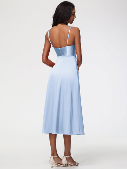 Spaghetti Straps Tea Length Back Zip Stretch Satin Bridesmaid Dress