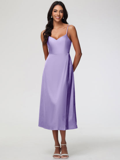Spaghetti Straps Tea Length Back Zip Stretch Satin Bridesmaid Dress