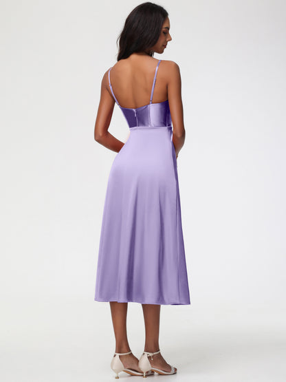 Spaghetti Straps Tea Length Back Zip Stretch Satin Bridesmaid Dress