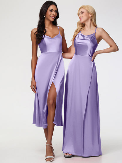 Spaghetti Straps Tea Length Back Zip Stretch Satin Bridesmaid Dress