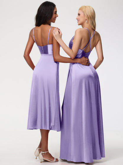 Spaghetti Straps Tea Length Back Zip Stretch Satin Bridesmaid Dress
