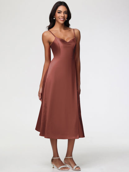 Spaghetti Straps Tea Length Back Zip Stretch Satin Bridesmaid Dress