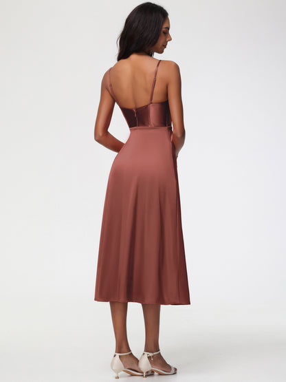 Spaghetti Straps Tea Length Back Zip Stretch Satin Bridesmaid Dress