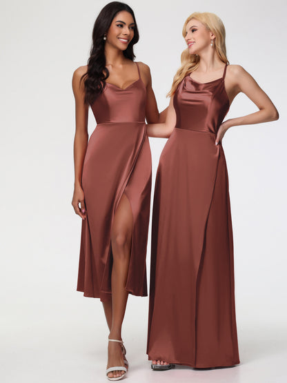 Spaghetti Straps Tea Length Back Zip Stretch Satin Bridesmaid Dress