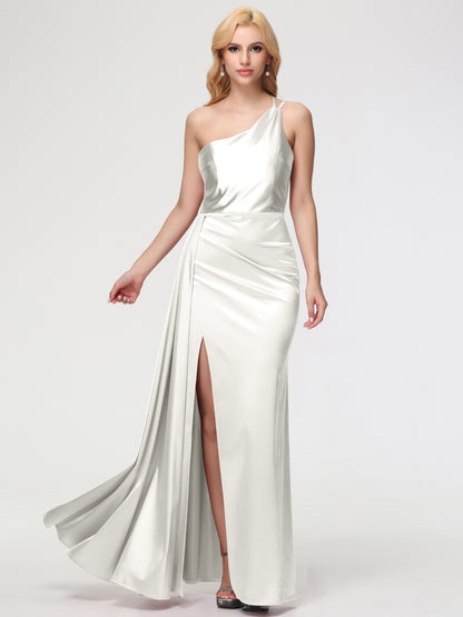 Long Ivory Bridesmaid Dresses One Shoulder Trumpet/Mermaid Straps Pleats Stretch Satin Bridesmaid Dresses
