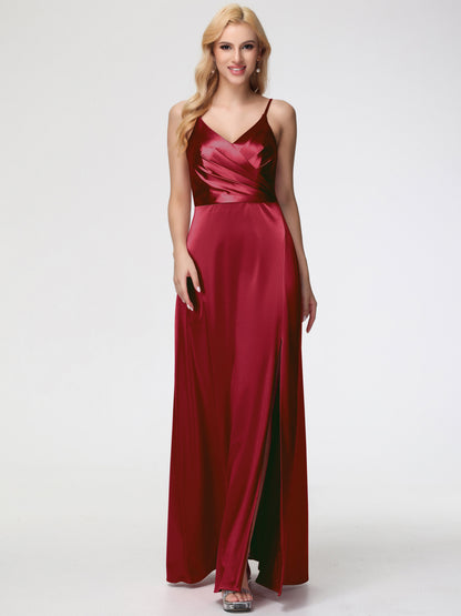 Burgundy Modest Bridesmaid Dresses Spaghetti Straps A-Line V-Neck Pleats Stretch Satin Bridesmaid Dresses