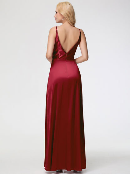 Burgundy Modest Bridesmaid Dresses Spaghetti Straps A-Line V-Neck Pleats Stretch Satin Bridesmaid Dresses