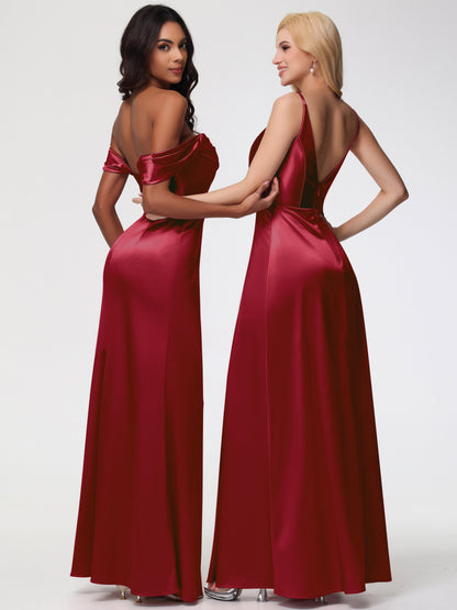 Burgundy Modest Bridesmaid Dresses Spaghetti Straps A-Line V-Neck Pleats Stretch Satin Bridesmaid Dresses