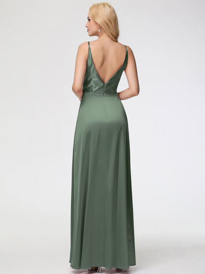 Bridesmaid Olive Green Spaghetti Straps A-Line V-Neck Pleats Stretch Satin Bridesmaid Dresses