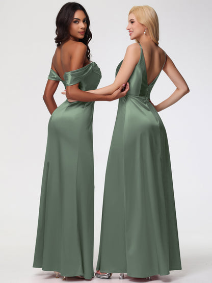 Bridesmaid Olive Green Spaghetti Straps A-Line V-Neck Pleats Stretch Satin Bridesmaid Dresses
