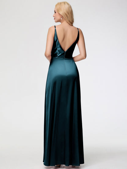 Bridesmaids Peacock Spaghetti Straps A-Line V-Neck Pleats Stretch Satin Bridesmaid Dresses