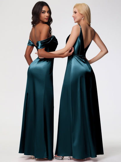 Bridesmaids Peacock Spaghetti Straps A-Line V-Neck Pleats Stretch Satin Bridesmaid Dresses