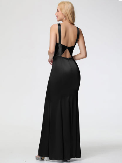 Black Long Bridesmaid Dress Halter Trumpet/Mermaid Stretch Satin Bridesmaid Dresses With Split